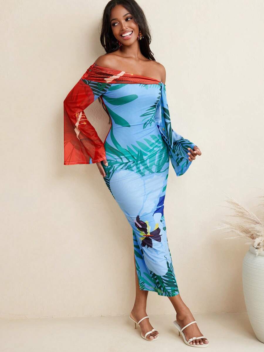 BELANGE HANDMADE Floral Mesh Print Off Shoulder Bow Flared Long Sleeves Fitted Women Dress Vacation Holiday