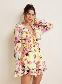 VIOLA AND VESPER Mono corto de verano elegante para mujer con mangas largas de gasa suave con estampado floral y volantes recortados