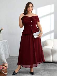 Modelyn Plus Size Women's Off Shoulder Chiffon Patchwork Blouse And 2 Pieces Set, Slimming - Burgundy - View 3