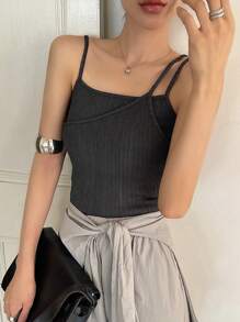 FRIFUL Áo hai dây không đối xứng ôm vừa vặn có gân màu trơn cho nữ - Xám - Xem 6