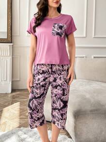 Floral Print Short Sleeve Top And 3/4 Pants Set With Contrast Pockets