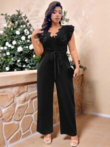 Cravure Mono elegante de pierna ancha con manga corta de encaje en contraste para mujer talla grande, para boda