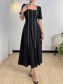 Modelyn Đầm dài vừa phải thanh lịch cổ vuông tay ngắn viền màu tương phản cho nữ, mùa hè - màu đen - Xem 1