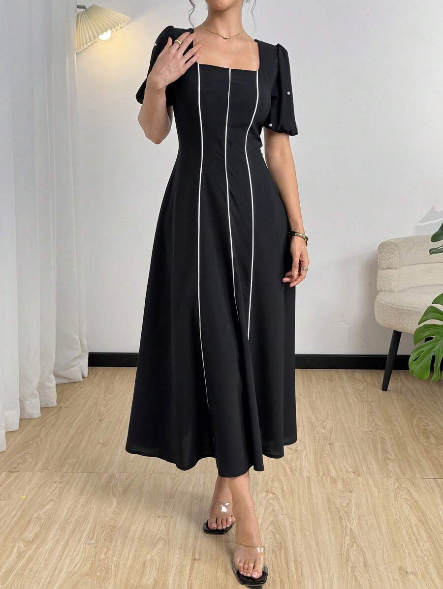 Modelyn Đầm dài vừa phải thanh lịch cổ vuông tay ngắn viền màu tương phản cho nữ, mùa hè - màu đen - Xem 1