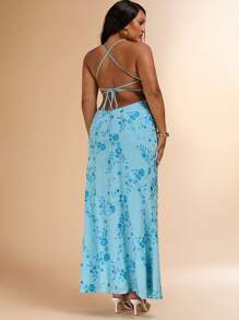 SHEIN BAE Vestido largo con lentejuelas y tirantes con lazo en la espalda, color azul sólido, talla grande, adecuado para la playa, vacaciones, vestido sin espalda, vestido de verano azul, vestido para festival de música, atuendo de graduación, atuendo del 4 de julio, atuendo de vacaciones en la isla, vestido de graduación, top tubo, ropa de verano, atuendos de playa para mujer, Y2k, conciertos