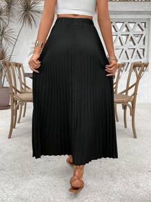 SHEIN PETITE Chân váy xếp ly màu trơn kiểu dáng thường ngày dành cho nữ, chất liệu vải mùa thu. - màu đen - Xem 2