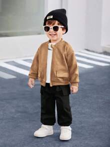 SHEIN Jaket Baseball Bayi Laki-laki, Saku Tempel Kasual, Kain Bertekstur Suede Lembut, Pakaian Luar Nyaman untuk Aktivitas Luar Ruangan, Musim Gugur/Musim Dingin - Coklat - View 7