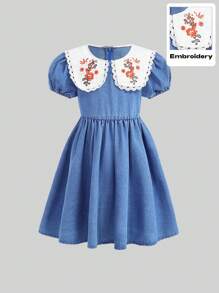 SHEIN Vestido de muñeca con mangas abullonadas y bordado floral de denim