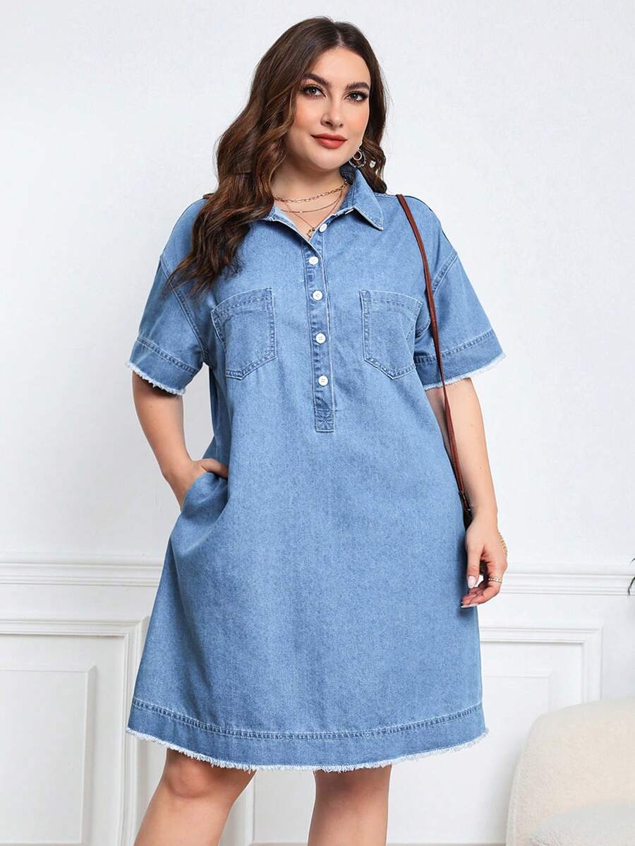 EMERY ROSE Plus Half Button Raw Hem Denim Dress - Medium Wash - View 1
