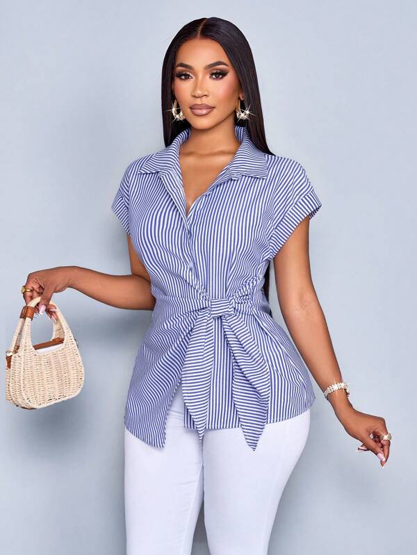 SOLERSUN Women's Striped Print Button Front Shirt,Casual Elegant Striped Print Tie Front Detail Blouse