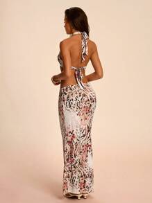 SHEIN BAE Women's Leopard Print Halter Neck Hollow Out Sexy Sleeveless Dress - Apricot - View 2