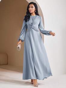 Veilorie Women's Solid Color Elegant Twist Pleated Long Sleeve Abaya Dress, Modest - Blue - View 7