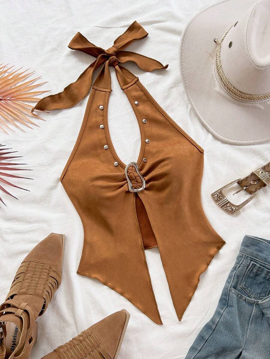 Soleia 女士休闲系带领金属扣合身不对称下摆上衣，绒面面料，西式风格，音乐节，派对，夏季