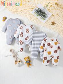 4 件套新生儿简约可爱熊印花长袖连脚睡衣套装 - 灰色 - 查看 2