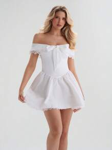 Glamine White Off Shoulder Lace Elegant Cute Bubble Dress,Women Graduation Summer Wedding Guest Party Dress,Birthday Outfits,Sun Dresses For Women - White - View 3