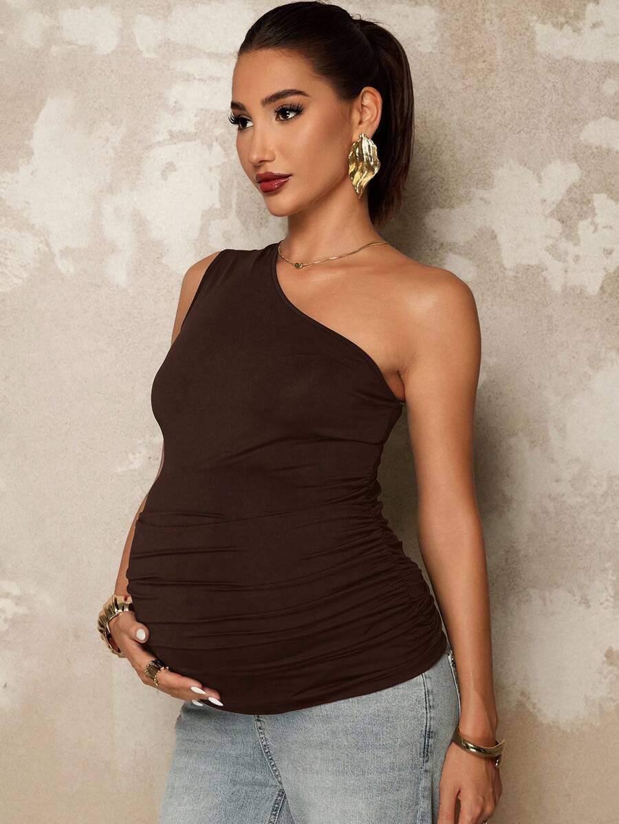 MaterniChic 孕妇度假纯色无袖褶皱时尚上衣 - 咖啡棕 - 查看 1
