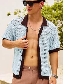 Manfinity Homme Men's Contrast Color Trimmed Front Button Casual Short Sleeve Knitted Top - Blue - View 5