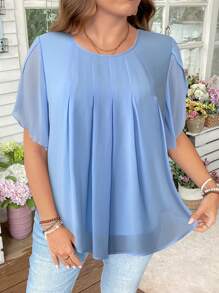 SHEIN LUNE 大码女式休闲纯色衬衫，简约时尚，适合夏季度假夏季上衣商务休闲女式夏季上衣 - 淺藍色 - 查看 4