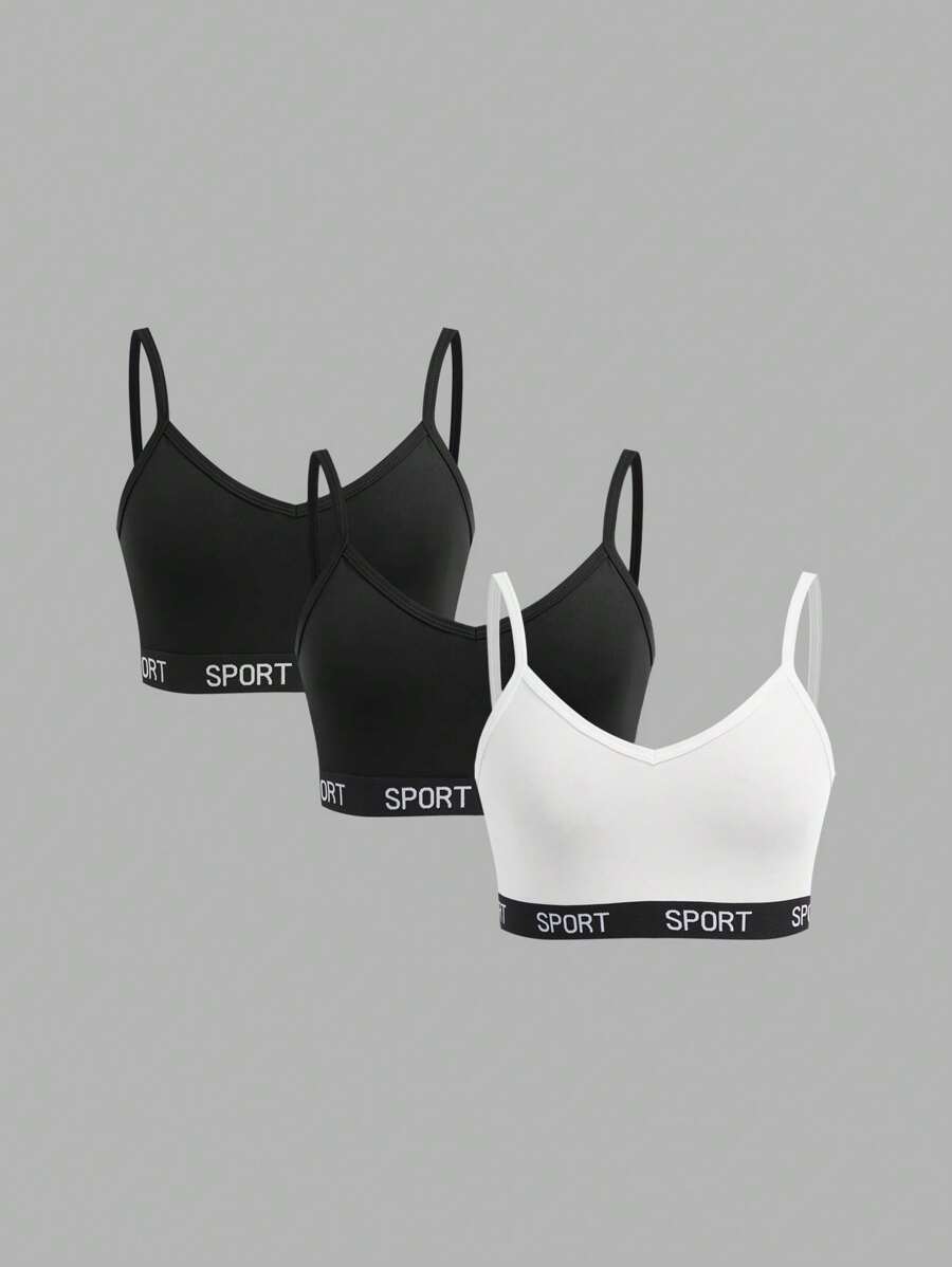 Teen Girl 3pcs/Set Simple Letter Elastic Camisole, Backless Underwear Set - Black and White - View 1