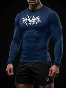 Manfinity Sport Corelite Men's Graphic Print Raglan Long Sleeve Active T-Shirt Workout Clothes Running Tees & Tanks - Royal Blue - View 3