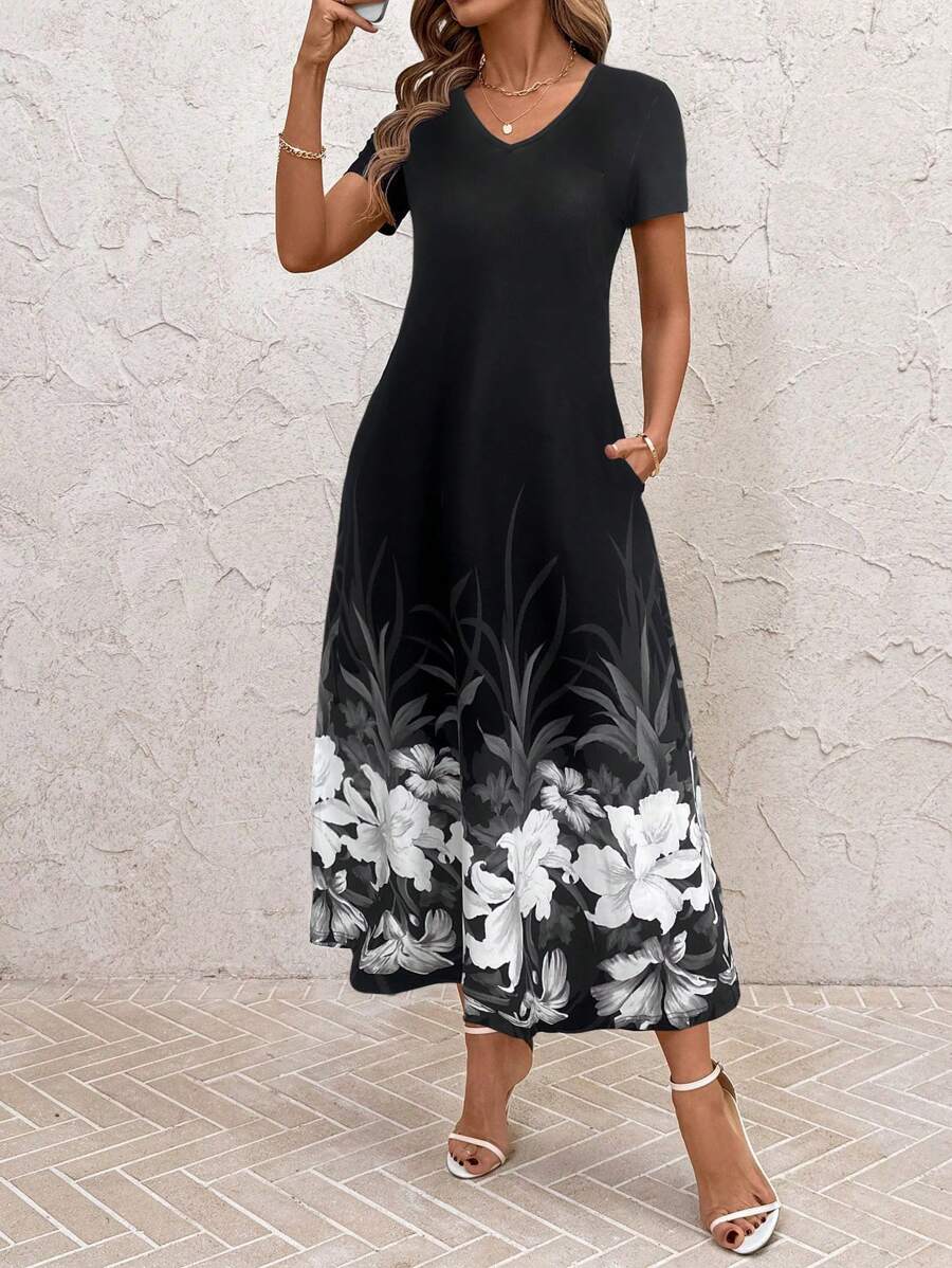 SHEIN Clasi Women's Elegant V-Neck Blue & White Floral Print Pocket Maxi Dress, Casual Vacation & Daily Wear, Spring/Summer,Dresses For Women Summer