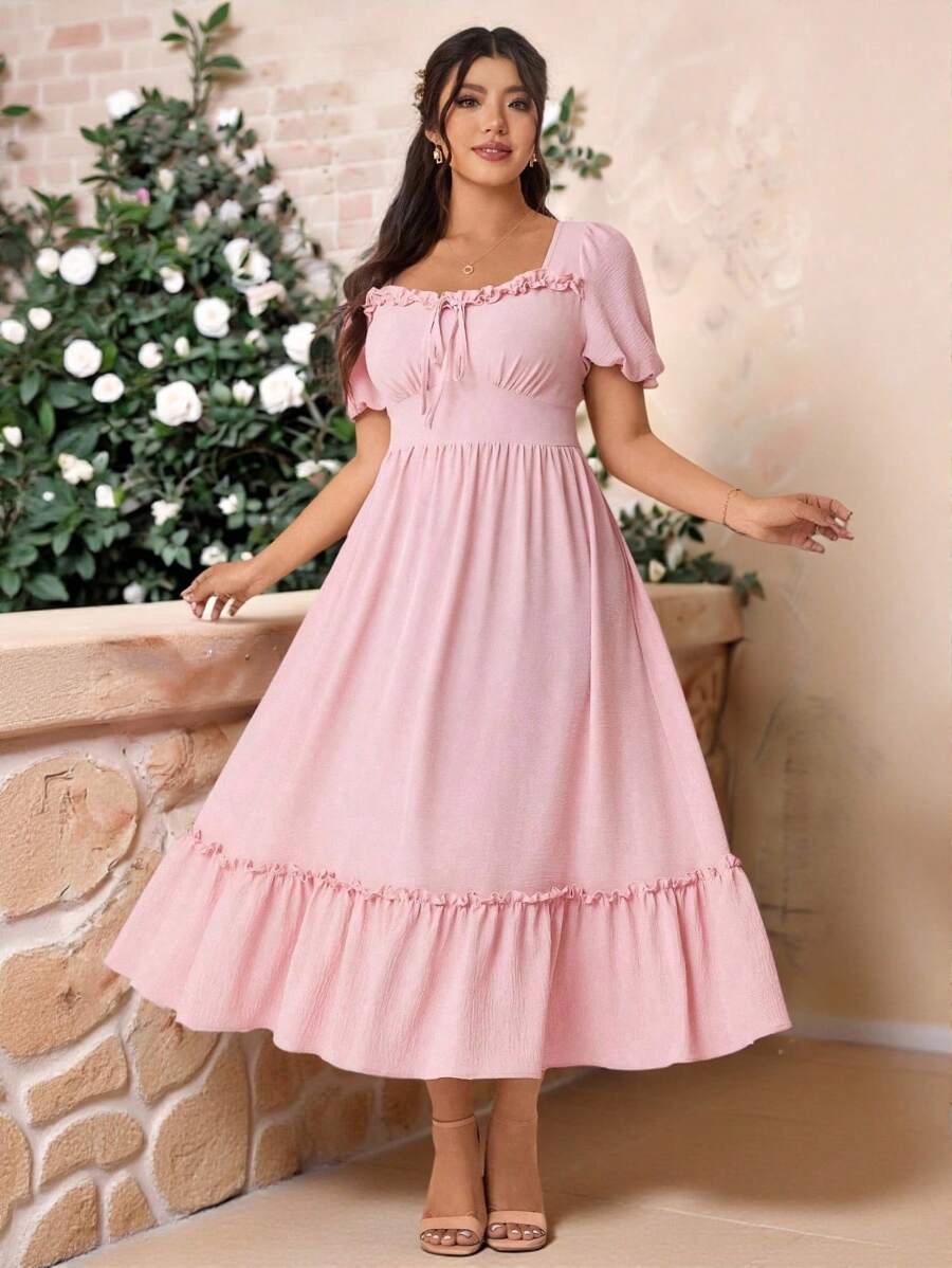 Allurite 大码女式优雅 V 领连衣裙，收腰，荷叶边和泡泡袖，情人节设计婚礼宾客婚礼