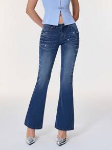 Selenza 女款 Zodiac 系列天秤座图案优雅通勤喇叭牛仔裤，采用银色刺绣精制牛仔布，水钻细节，星空图案，治愈、富有同情心、浪漫、聪明 - 藍色 - 查看 1