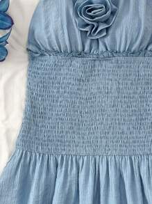 SHEIN Teen Girls Vacation, Summer, Bohemian, 3D Bowknot Strap Ruffle Hem A-Line Mini Dress With Side Slit, Pastel Summer Dresses - Baby Blue - View 5