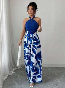 Breezaya 露肩系腰无袖印花连体裤，时尚海滩度假风 - 寶藍色 - 查看 5