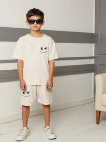 SHEIN 男童休闲笑脸印花圆领短袖两件套 蓝色 日常装 春夏 - 卡其色 - 查看 3