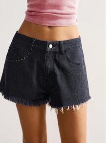 Bohemela 织边串珠口袋牛仔水洗破洞短裤 - 黑色 - 查看 5