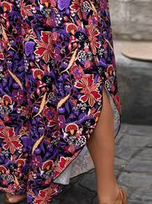 SHEIN LUNE 加大码女式花卉印花松紧腰系带下摆不对称下摆长裤，度假节波西米亚风复古印花不对称下摆长裤 - 紫色 - 查看 5