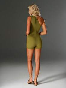 SHEIN Unity Olive Green Decor Button Summer Ribbed Women's Casual Romper - Olive Green - View 2