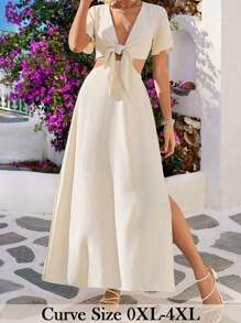 SHEIN VCAY Plus Size Women's V-Neck Short-Sleeved Tie-Bow Waist Cutout A-Line Maxi Dress, Summer Vacation Outfit, Women's Vacation Outfit, Women's Beach Outfit, Women's Vacation Outfit, Summer Outfit, City Short Trip Outfit, Bohemian Style. - Apricot - View 1