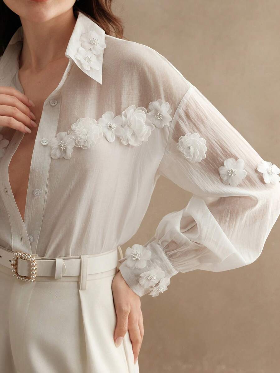 Anewsta 优雅玫瑰花卉拼接修身透明女式衬衫 - 白色 - 查看 1