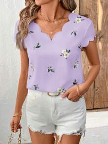 SHEIN Clasi Women Elegant V-Neck Shell Trim Green Floral Print Summer Blouse - Mauve Purple - View 1