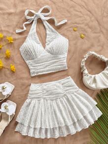 Soleia Bộ đồ đi nghỉ cho nữ: Áo hở vai cổ yếm họa tiết màu be không tay và chân váy mini xếp nếp hai lớp - trắng - Xem 6