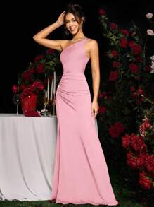 Coutiva Vestido de dama de honor elegante de un hombro con pedrería, de corte ajustado para mujer