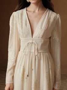 Anewsta Embroidered Floral Beaded V-Neck Long Sleeve Elegant Modern Women Dress, Spring/Summer - Apricot - View 8