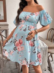 SHEIN Maternity Floral Print Off Shoulder Midi Dress, Summer - Blue - View 3