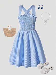 Tween Girl Summer Casual Striped Bow Detail Dress - White - View 2