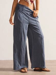 Bohemela Women's Casual Solid Color Knit Loose Wide Leg Washed Pants,Fall Women Clothes