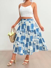 Flirla Rok A-Line Motif Patchwork untuk Wanita Ukuran Plus, Cocok untuk Liburan Musim Panas, Pakaian Musim Gugur untuk Wanita - MultiWarna - View 5