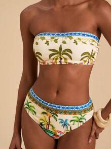 Travachic 女士花卉印花抹胸比基尼套装，女士夏季服装，女士泳衣，女士泳衣女士沙滩装夏季女士两件套服装女士沙滩装 - 彩色 - 查看 1