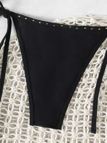 SHEIN Swim Bộ 2 chiếc/Bộ Bikini hở lưng gợi cảm cho nữ không gọng, Quần buộc dây bên hông, Đồ bơi đi biển đơn giản cho nữ, Kỳ nghỉ xuân - màu đen - Xem 4