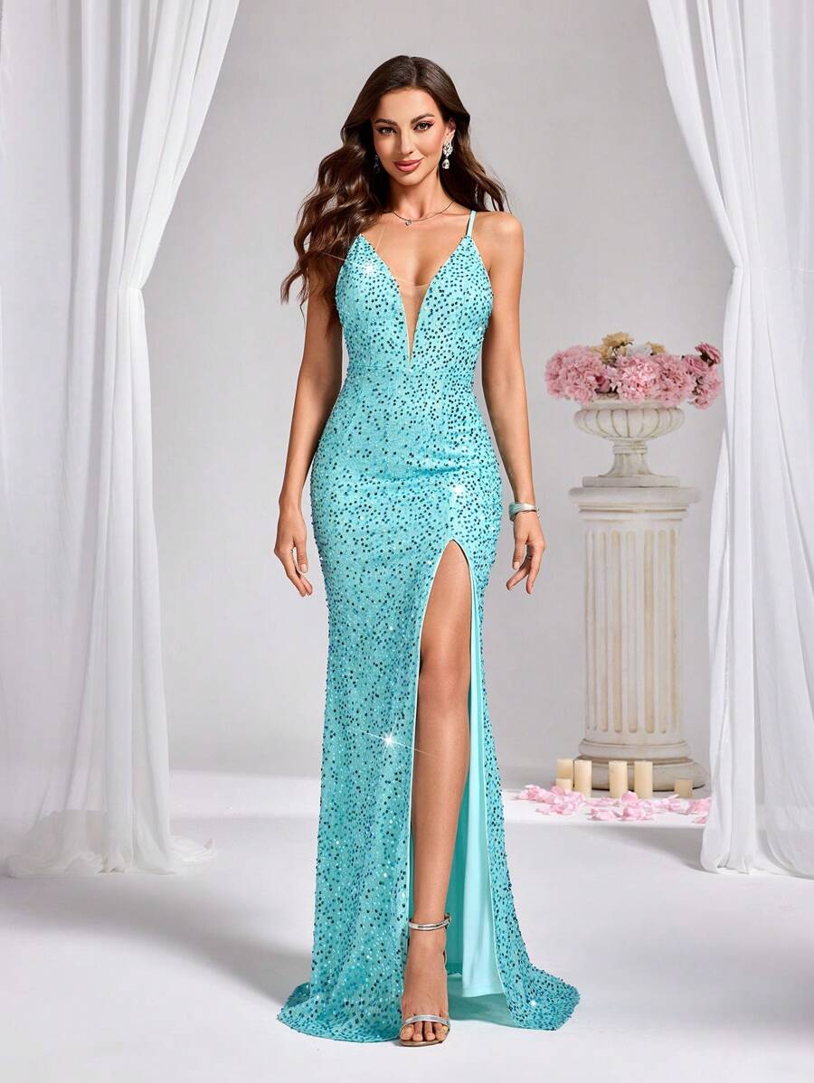 Zolique 开叉大腿亮片吊带连衣裙，适合节日派对服装，长款女士服装 - 淺藍色 - 查看 1