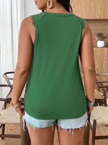 SHEIN Clasi Camiseta de tirantes de talla grande para mujer con empalmado elástico acanalado, encaje floral y unicolor
