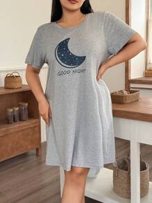 SHEIN Minimalist Casual Moon Print Plus Size Short Sleeve Sleep Dress - Grey - View 5