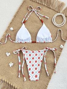 Swim Vcay Ensemble de bikini rétro imprimé perles avec lien à l'encolure pour femmes, tenue de plage et de villégiature sexy - Multicolore - Voir 2