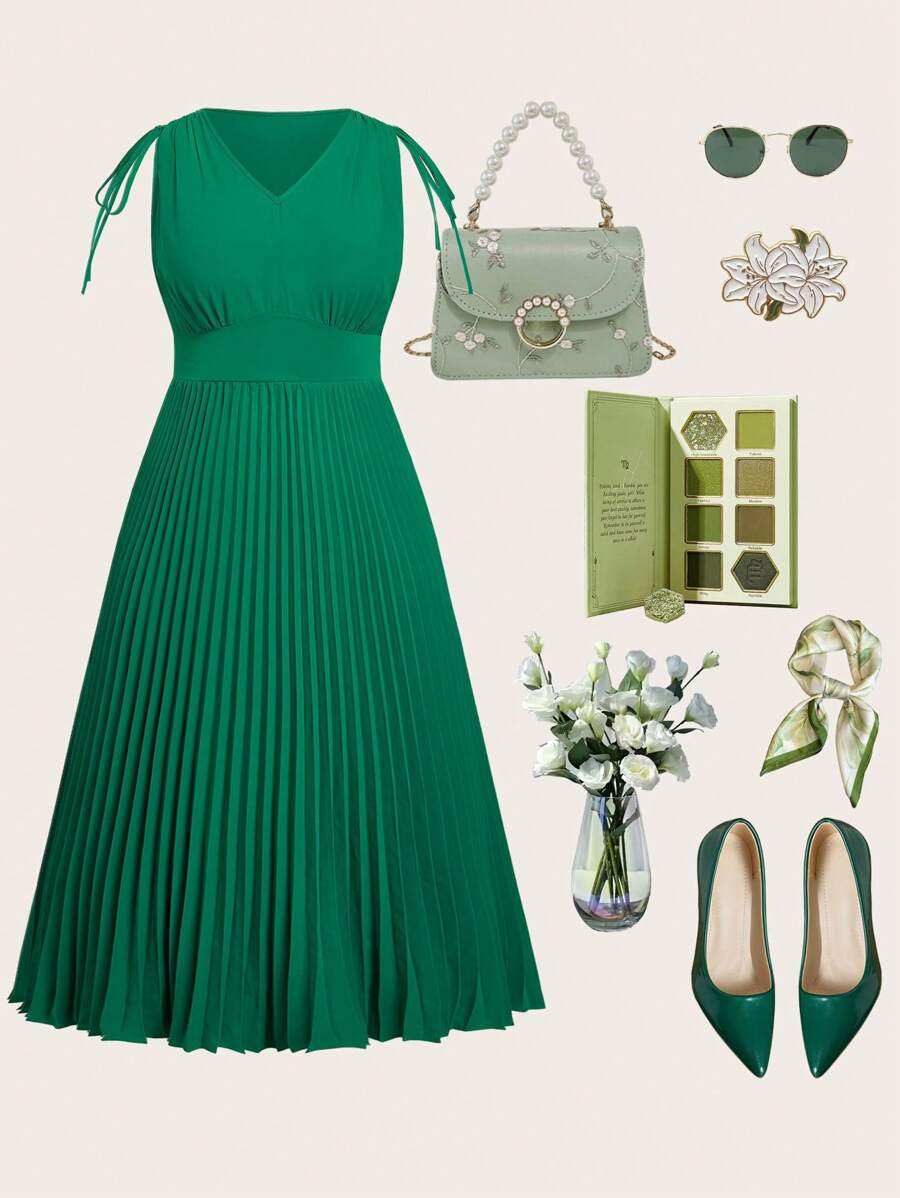 SHEIN Clasi 大码女式绿色褶皱中长连衣裙，优雅夏装 女式连衣裙 女式夏装 女式优雅连衣裙 女式夏装 女式春季连衣裙 连衣裙 大码女式春季连衣裙 女式超长连衣裙 绿色连衣裙 飘逸连衣裙 绿色连衣裙 女式露肩连衣裙 女装连衣裙 女式夏季服装 工作夏季连衣裙 - 綠色 - 查看 1